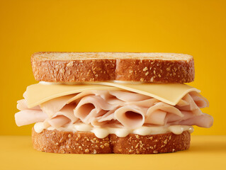 A turkey and white American cheese sandwich on white bread. No additional toppings. yellow background