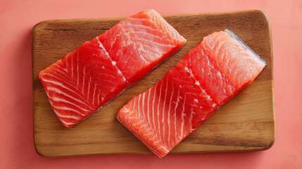two salmon fillets on a wooden board. pink background