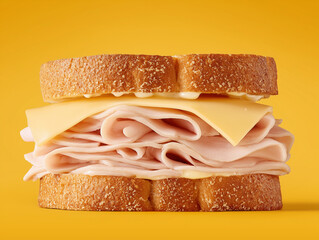 A turkey and white American cheese sandwich on white bread. No additional toppings. yellow background