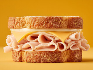 A turkey and white American cheese sandwich on white bread. No additional toppings. yellow background