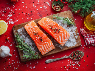 fresh salmon fillet slices on a cutting board with ice, seasonings on red background. pepper, herbs, rosemary, lemon, garlic, olive oil