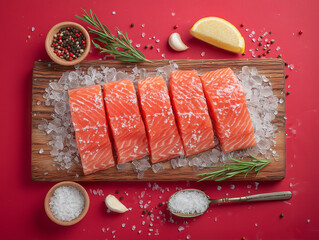 fresh salmon fillet slices on a cutting board with ice, seasonings on red background. pepper, herbs, rosemary, lemon, garlic, olive oil