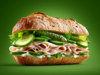 delicious ciabatta with slices of boiled chicken breast and slices of pickled cucumber. on a green background