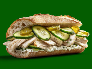 delicious ciabatta with slices of boiled chicken breast and slices of pickled cucumber. on a green background