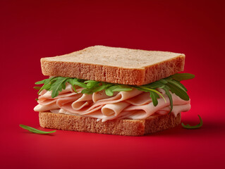 sandwich with chicken ham very thinly sliced with arugula on top lies on on a red background