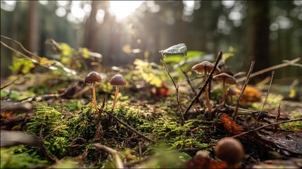 acculturation. Mushrooms growing on forest floor among moss and leaves under sunlight. gardening catalogs, home-decor guides, designed for gardening and botanical catalogs, celebrates nature.