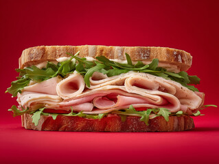 sandwich with chicken ham very thinly sliced with arugula on top lies on on a red background