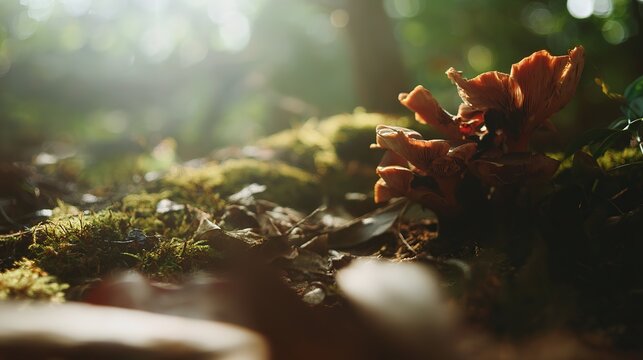 acculturation. Mushrooms growing on forest floor among moss and leaves under sunlight. gardening catalogs, home-decor guides, designed for gardening and botanical catalogs, celebrates nature.