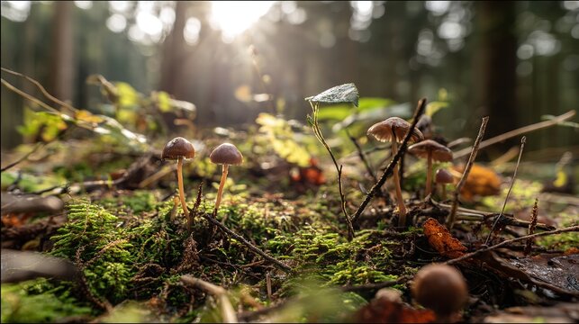 acculturation. Mushrooms growing on forest floor among moss and leaves under sunlight. gardening catalogs, home-decor guides, designed for gardening and botanical catalogs, celebrates nature.