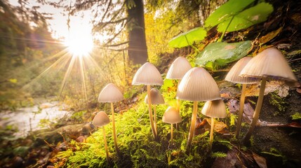 acculturation. Mushrooms growing on forest floor among moss and leaves under sunlight. gardening catalogs, home-decor guides, designed for gardening and botanical catalogs, celebrates nature.