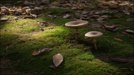 acculturation. Mushrooms growing on forest floor among moss and leaves under sunlight. gardening catalogs, home-decor guides, designed for gardening and botanical catalogs, celebrates nature.