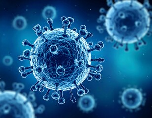 Close-up view of multiple stylized blue virus illustrations