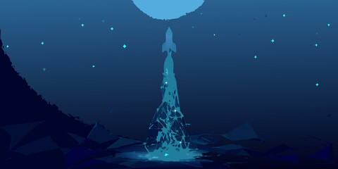 Rocket launching into space with abstract water and starry sky