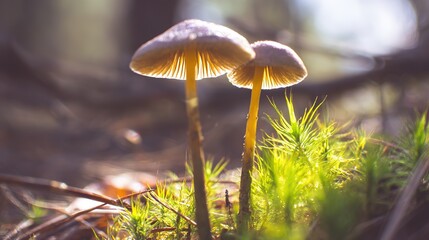 acculturation. Mushrooms growing on forest floor among moss and leaves under sunlight. gardening catalogs, home-decor guides, designed for gardening and botanical catalogs, celebrates nature.