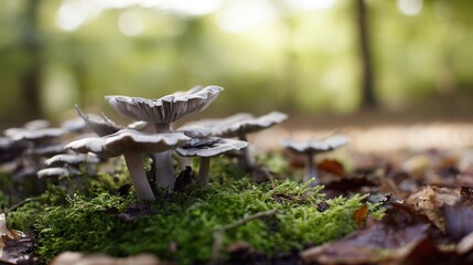 acculturation. Mushrooms growing on forest floor among moss and leaves under sunlight. gardening catalogs, home-decor guides, designed for gardening and botanical catalogs, celebrates nature.