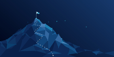 Low poly mountain with flag and dotted path to top © Smritykona