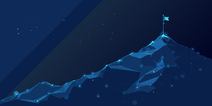 Abstract mountain with flag on top in dark blue tones