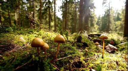 acculturation. Mushrooms growing on forest floor among moss and leaves under sunlight. gardening catalogs, home-decor guides, designed for gardening and botanical catalogs, celebrates nature.