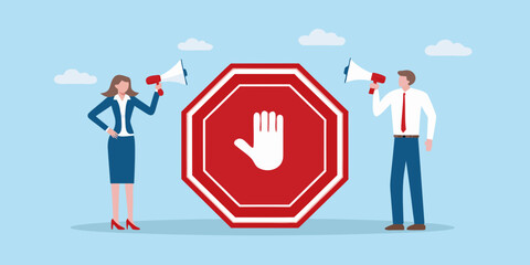 Stop the spread campaign with business people and a stop sign