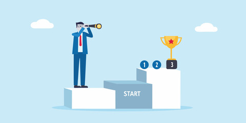 Businessman with spyglass on podium looking at trophy for business success