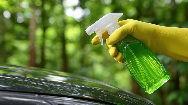 Applying waterless car cleaning solution with a spray bottle and glove for detailing by a professional, ensu a spotless and environmentally friendly clean.
