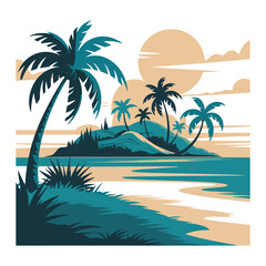 Obraz premium Tropical island with palm trees and ocean at sunset vector.