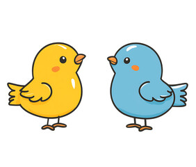 Fototapeta premium Two adorable cartoon chicks one yellow and one blue facing each other on a transparent background isolated on transparent background