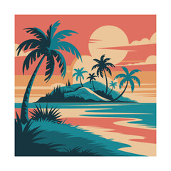 Tropical island with palm trees and ocean at sunset vector .