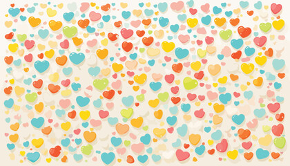 사랑과 기쁨을 상징하는 다채로운 파스텔톤 하트 벡터 패턴 배경으로, 발렌타인데이, 결혼식 또는 기념일 축하에 완벽한 디자인 요소입니다.