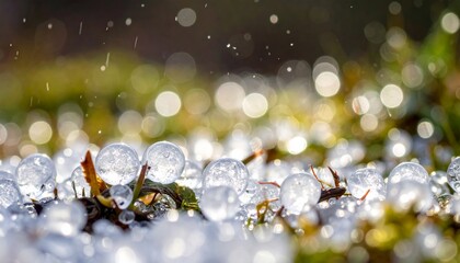 Close-up view of numerous small, clear ice pellets scattered across a mossy ground with sparkling bokeh.