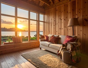 Cozy wooden-paneled interior room with a sofa and window view of the sunset