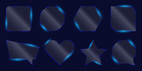 Set of 3d liquid glass shape, blue transparent geometric symbol or light frame square, circle, heart, star and message with drak background and glitter blue light