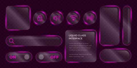 3D Liquid glass smartphone interface isolated. UI UX light frame rounded square and circle elements with a glow stroke. Collection design widget for smartphone and web app.