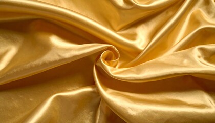 Obraz premium Close-up of luxurious golden satin fabric with elegant folds and a central swirl pattern, reflecting light beautifully.