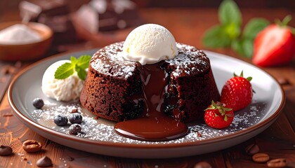 Decadent chocolate lava cake, vanilla ice cream, and fresh berries