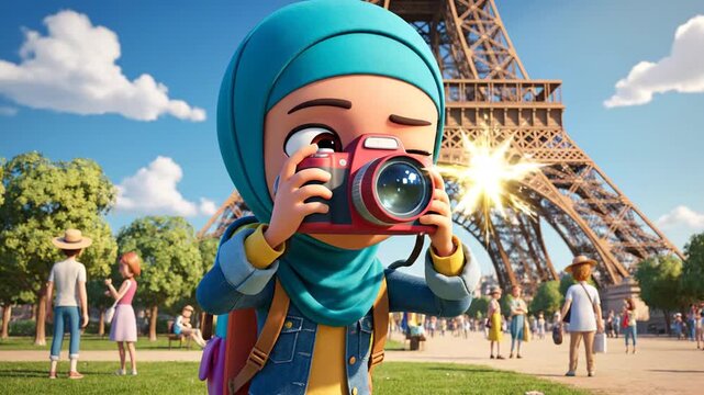 Happy Muslim Child Tourist Taking Photo of Eiffel Tower in Paris on Sunny Day.