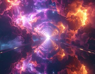 Digital art of a radiant tunnel surrounded by celestial nebulae and glowing light