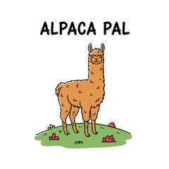 Obraz premium Cute Alpaca Pal Illustration.Cartoon Llama Mascot Design.Hand Drawn Furry Animal.Doodle Style Farm Creature.Vector Alpaca Sticker Art