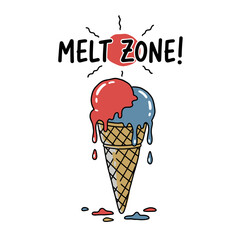 Melt Zone Ice Cream Cone.Summer Heat Doodle Art.Melting Dessert Vector.Retro Ice Cream Print.Hot Weather Warning Sticker