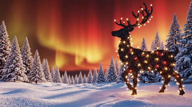 Christmas Reindeer Scene with Decorative Silhouette and Glowing String Lights on Warm Holiday Tones