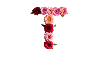 A large letter "T" meticulously composed of vibrant, colorful blossoms against a stark black backdrop. The floral arrangement includes various flower types