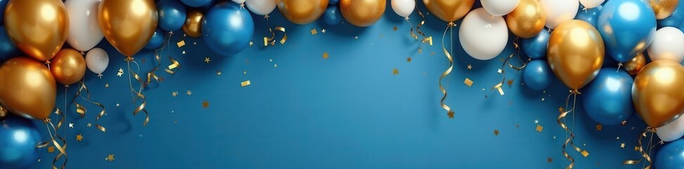 Elegant gold & blue balloon arch, streamers, confetti Holiday scene , glitter, arch, streamers