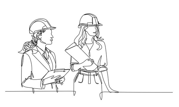 Continuous one line drawing of female architect holding blueprint paper. Single line drawing illustration of woman construction worker. Work profession concept vector art. Doodle line illustration.