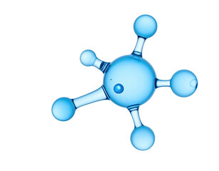 A close-up view of a blue molecular structure with spherical components, isolated on black