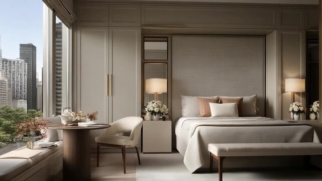 luxury apartment master bedroom 3D render, soft warm lamp lighting, premium fabrics, neutral color palette, elegant interior styling, clean and serene atmosphere, photorealistic details