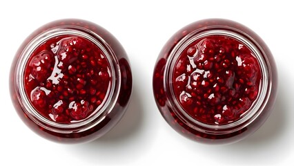 Berry Jam Temptation: An overhead shot showcases two glistening jars of vibrant berry jam, a delightful close-up that ignites the senses with sweetness.