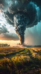 Dramatic view of a tornado sweeping across a golden field and road