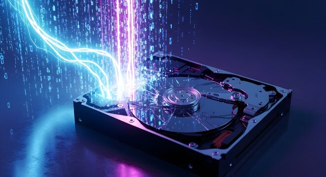 Hard drive data transfer with glowing digital streams and binary code - Powered by Adobe