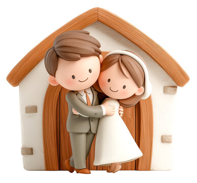 Wedding couple groom bride chapel doorway embrace smile cute cartoon clay, isolated