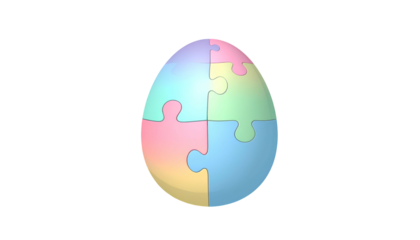 A pastel-colored jigsaw puzzle in the shape of an egg sits on a stark black background, symbolizing wholeness through parts
